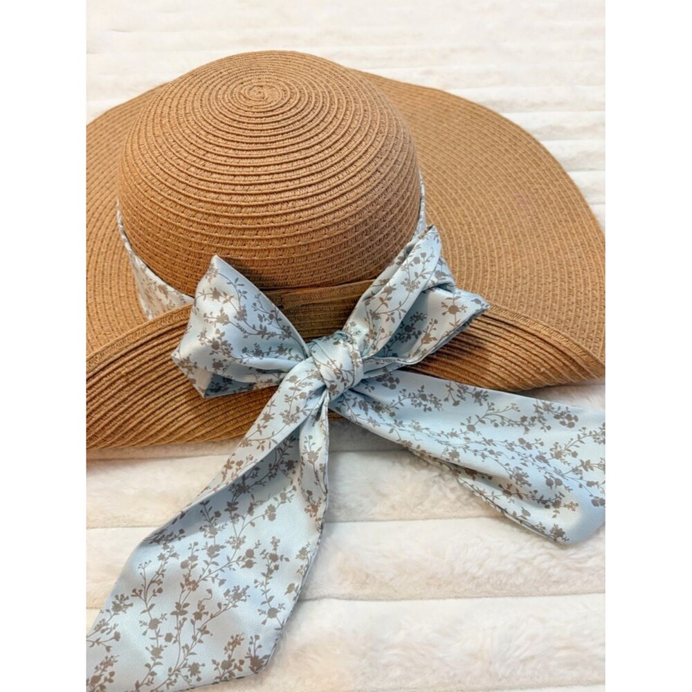 Wide Brim Straw Sun Hat Floral Ribbon Bow Beach Cottagecore Summer Hat